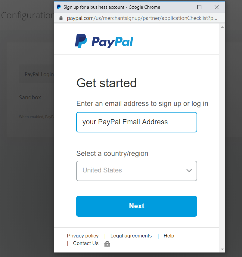 PayPal account setup screen
